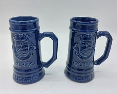 Pair of earthenware mugs
. Cylindrical-shaped bodies, Olh&atilde;o Algarve seafood festival 
