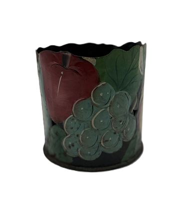 Decorative Metal Bucket
. Cylindrical body with lateral openings, decorated with polychrome 