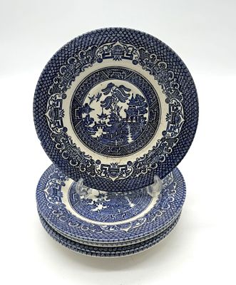Five English Earthenware Plates
. Round-shaped bodies with blue decoration on a glazed white 