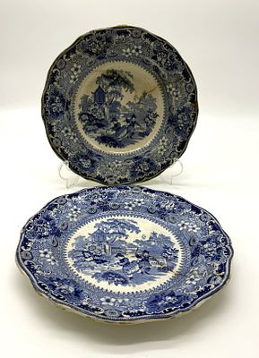 English Earthenware Soup and Dinner Plates
. Round-bodied pieces with wavy rims, bearing the 