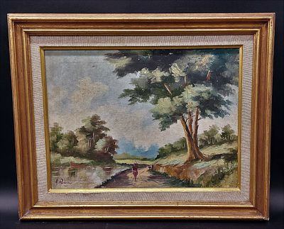 Signed oil on canvas. Oil on canvas landscape with a woman walking beside the river, polychrome 