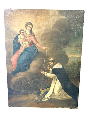 Catholic Scene
. Oil on canvas, unframed; The Apparition of Our Lady of the Rosary to Saint 