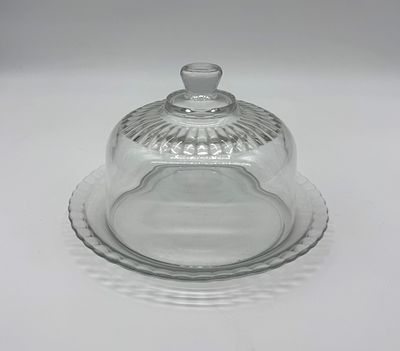 Glass Cheese Dish. Cylindrical body, glass plate and lid with embossed decoration, glass dome 