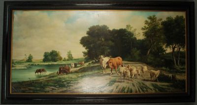 GIOTTO LAMPONI (Attivo tra XIX e XX secolo). Dipinto olio su tela raff. 'PAESAGGIO FLUVIALE CON 