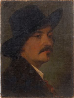 Dipinto olio su tela raff. 'RITRATTO DI UOMO CON CAPPELLO'. Fine XIX secolo. Misure : Lung. cm. 
