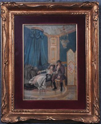 FRANCESCO BRUNERI (Torino, 1845 - Parigi, 1915). Dipinto olio su tavola raff. 'SCENA GALANTE'. 