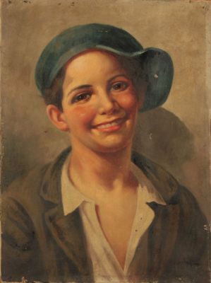 Dipinto olio su tela raff. 'SCUGNIZZO'. Firmato DE MICHELE in basso a destra. Difetti. Misure : 