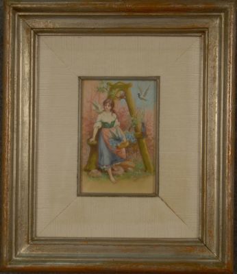 Tecnica mista su cartone raff. 'CONTADINELLA CON COLOMBE'. Con perizia del Dott. Cirano 