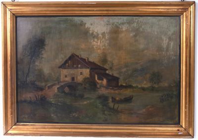 Dipinto olio su tavola raff. 'CASCINALE LUNGO IL FIUME'. Firma non identificata in basso a 