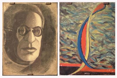 Coppia di bozzetti, uno raff. 'VELA COLORATA' e l'altro raff. 'RITRATTO CON OCCHIALI'. Firmati 