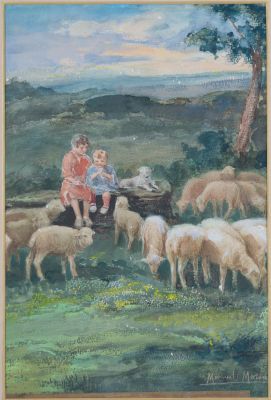 Acquarello su carta raff. 'PECORELLE AL PASCOLO CON BAMBINO'. Firmato MANUEL MALASE in basso a 