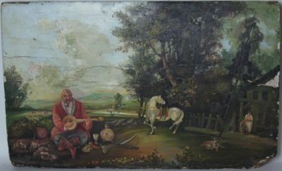 Dipinto olio su tavola raff. 'CAVALIERE TURCOMANNO A RIPOSO CHE SUONA LA CHITARRA'. Inizi XX 