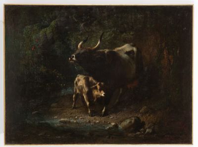 ANTOINE BOURLARD (Mons, 1826 - 1899). Dipinto olio su tela raff. 'MUCCHE'. Firmato in basso a 