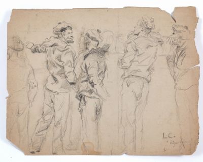 Disegno a matita su carta intitolato 'MARINAI'. Siglato LC in basso a destra. XX secolo. Misure 