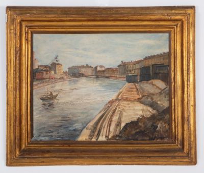 AMEDEO ANGILELLA (Nola, 1905 - Erba, 2005). Dipinto olio su compensato raff. 'LA DARSENA DI 