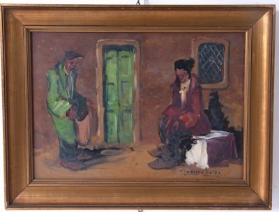 Dipinto olio su masonite raff. 'MENDICANTI FUORI DALL'USCIO'. Firmato FRANCESCO SATTA in basso 