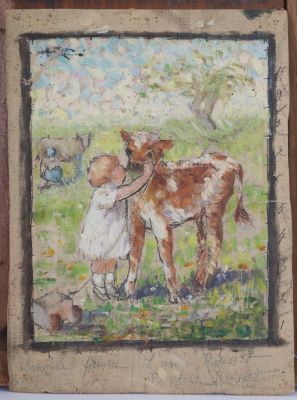 Dipinto olio su tela raff. 'BAMBINO CON VITELLO'. Firma non identificata in alto a sinistra. XX 
