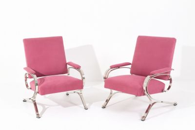 GIANNI MOSCATELLI (1930) per FORMANOVA. Due poltrone Micaela molleggiate in acciaio e tessuto 