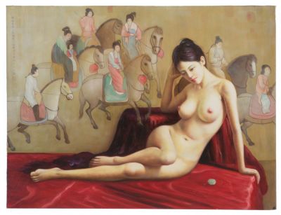 Dipinto "NUDO DI DONNA ORIENTALE". 63x82 cm ca. 
Dipinto a tecnica mista su tela raffigurante 