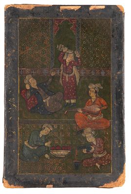 Copertina in cartone. 37x24 cm ca. Copertina in cartone e pelle dipinta a scene di vita 