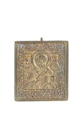 Icona in bronzo dorato "SAN NICOLA TAUMATURGO". 10,5x9,5 cm ca. Icona in bronzo dorato e 