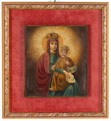 Icona "MADONNA CON BAMBINO". 35x31 cm ca. Icona raffigurante "MADONNA CON BAMBINO". XIX secolo. 