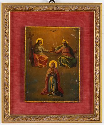 Icona "SS. TRINITA' CON LA VERGINE". 30x22 cm ca. Icona raffigurante "SS. TRINITA' CON LA 