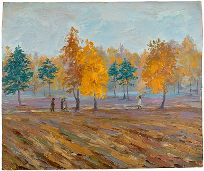 Романчук Михаил Григорьевич (1926-1974). 
Осенний дождь. 1950-е гг. Картон, масло, 41&times;49 см.