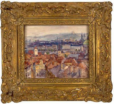 Славичек Ян (1900-1970). 
Вид на Прагу и Старый Град. 1950-е гг. Доска, масло, 26,5&times;32,5 см.