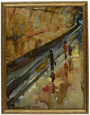 Богданов Александр Николаевич (1908-1993). 
В метро. 1962 г. Оргалит, масло, 43&times;32,5 см. 
