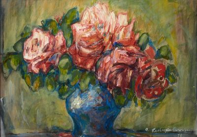 Кольцова-Бычкова Александра Григорьевна (1892-1985). 
Натюрморт с розами. 1978 г. Акварельная 