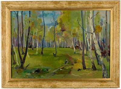 Мордовин Кирилл Александрович (1934- ?). 
Березовая роща. Картон, масло, 33,5&times;49,5 см. Оф 