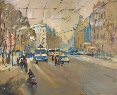 Неизвестный художник. 
Суворовский проспект в Ленинграде. 1970-е гг. Картон, масло, 50&times;61 см.