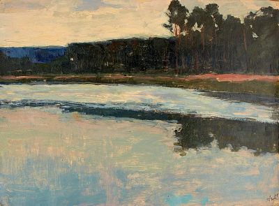 Тимаков Александр Александрович (р. 1930). 
Кратово. Пруд. 1947 г. Картон, масло, 32&times;45,5 см.