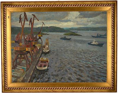 Солодовников Алексей Павлович (1928-2017). 
В порту. 1987 г. Картон, масло, 49&times;65 см. На 
