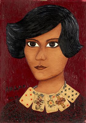 Неизвестный художник. Портрет художника Лидии Мастерковой. 1979 г. Картон, масло, коллаж, 46&times;32 