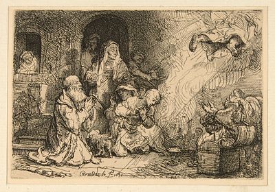 Рембрандт Харменс ван Рейн (1606-1669). Ангел покидает семейство Товии. 1641 г. Офорт 