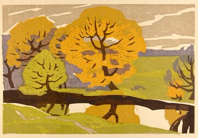 Тукачев Леонид Лаврентьевич (1928-1998). 
Осенний пейзаж. 1960-е гг. Линогравюра, гуашь, Л: 37 