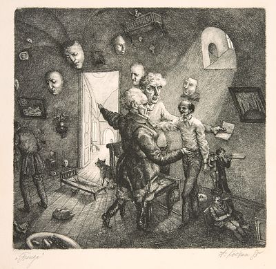 Костин Андрей Львович (1947-2000). 
Беседа. 1985 г. Офорт, Д: 20&times;21 см, Л: 31&times;32 см. 