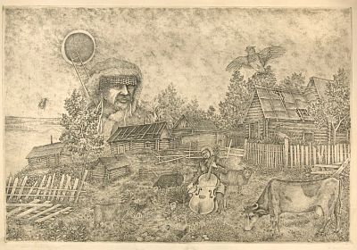 Калугин Александр Ильич (род. 1949). 
Деревенский концерт. 1990-е гг. Офорт, акватинта 