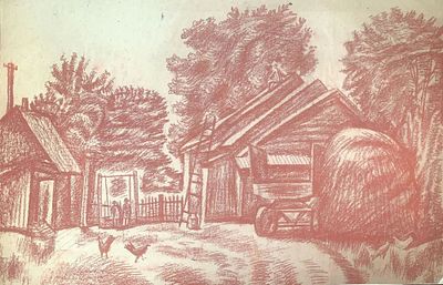 Ланг Олег Владимирович (1950-2013). 
Деревенский двор. 1970-е гг. Бумага, сангина, 56&times;77 см.