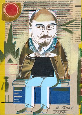 Гоппе Виктор (р. 1962). 
Ленин в Польше. 2024 г. Картон, фломастер, коллаж, 21&times;15 см. Спр 