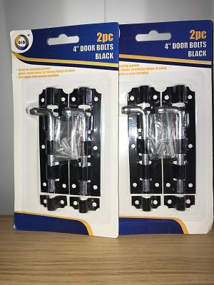 2 PACKS OF 2, 4 INCH DOOR BOLTS, 4 IN TOTAL. 4 X 4 INCH DOOR BOLTS INCLUDING SCREWS. 2 PACKS OF