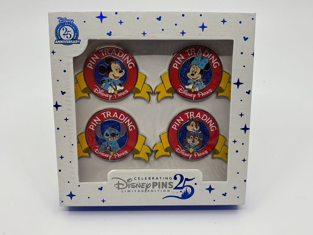 Disney Pins 25th Anniversary D23-Exclusive Boxed Set of 4 Pins LE300. Released at D23 Expo 2024.