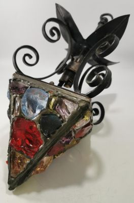 1950'S GOTHIC STYLE WROUGHT IRON LANTERN WITH ROCK CRYSTAL GLASS BY ACE DESIGNER PETER MARSH OF 
