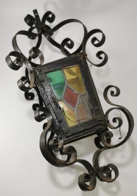 1950'S FRENCH WROUGHT IRON LANTERN WITH FANCY COLOURFUL GLASS WITH OPENING DOOR - VGC 