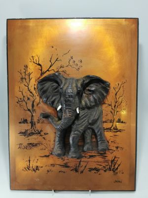 RETRO SIGNED EMBOSSED CHARGING ELEPHANT ON COPPER BACKGROUND - 16 X 12 INCHES