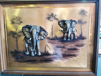 LARGE RETRO SIGNED EMBOSSED AFRICAN ELEPHANTS ON THE SERENGETI WITHIN HARDWOOD FRAME - 37 X 28 