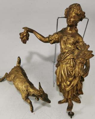 2 GOLD COLOURED SPELTER FIGURES REMOVED FROM A FRENCH VICTORIAN CLOCK: FRENCH LADY SELLING HER 