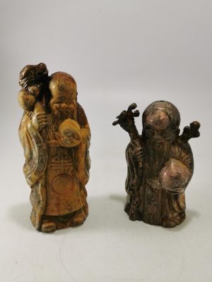 2 X VERY UNUSUAL VINTAGE METAL MANDARIN MEN, WHICH WERE ONCE TABLE LIGHTERS. THE TALLER HAS A 